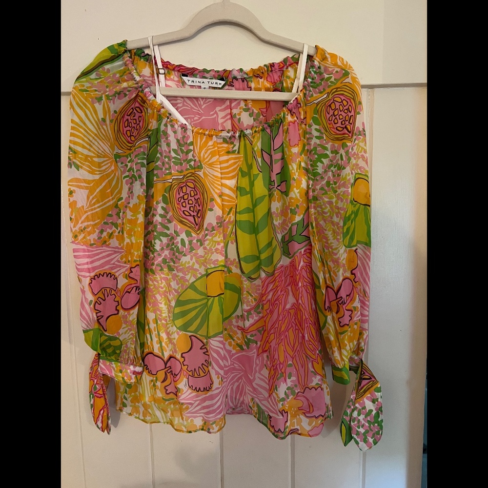 Trina Turk Spring/ Summer Pink/Green/Orange Silk Blouse, Size S